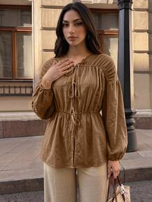 SHEIN Clasi Women's V-Neck Tie Long Sleeve Blouse Vacation Shades Of Brown Fall Casual Boho - Brown - View 3