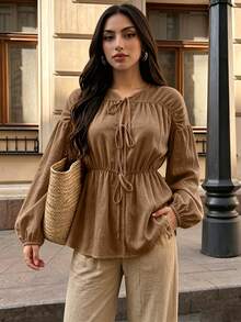 SHEIN Clasi Women's V-Neck Tie Long Sleeve Blouse Vacation Shades Of Brown Fall Casual Boho - Brown - View 1