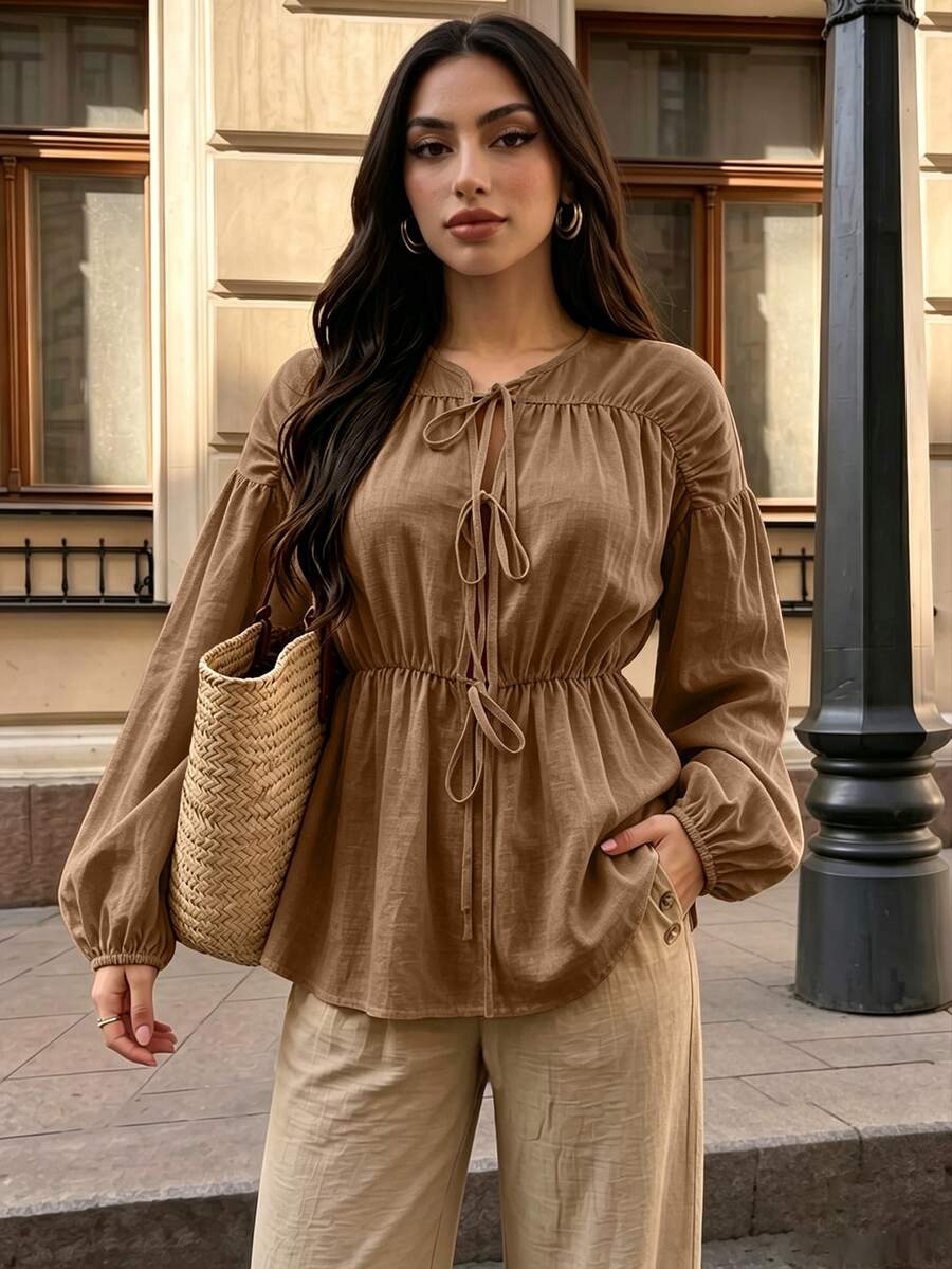 SHEIN Clasi Women's V-Neck Tie Long Sleeve Blouse Vacation Shades Of Brown Fall Casual Boho - Brown - View 1