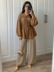 SHEIN Clasi Women's V-Neck Tie Long Sleeve Blouse Vacation Shades Of Brown Fall Casual Boho - Brown - View 4