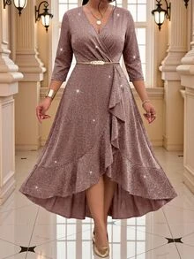 Fleurora Plus Size Elegant Party Evening Evening Dinner Glitter Ruffle Dress Wedding Gold Autumn Wedding Fall - Coral Pink - View 2