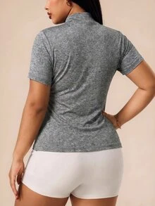SHEIN Rhythm Era 大尺碼運動夾克 多巴胺粉 肩部短袖開襟衫 拉鍊上衣 外套 - 灰色 - 查看 2