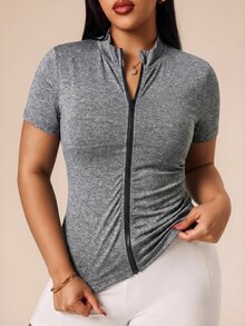 SHEIN Rhythm Era 大尺碼運動夾克 多巴胺粉 肩部短袖開襟衫 拉鍊上衣 外套 - 灰色 - 查看 3