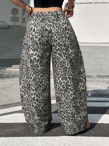 Muchica 大尺碼女款灰色豹紋休閒傳統90年代日常長褲，抽繩設計，適合度假、海灘、正式場合、約會之夜，秋季穿著 - 彩色 - 查看 3