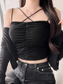 FRIFUL Women's Solid Color Pleated Casual Versatile Daily Wear Camisole Top Summer Top - Black - View 8