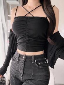 FRIFUL Women's Solid Color Pleated Casual Versatile Daily Wear Camisole Top Summer Top - Black - View 7