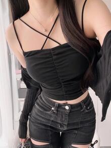FRIFUL Women's Solid Color Pleated Casual Versatile Daily Wear Camisole Top Summer Top - Black - View 2