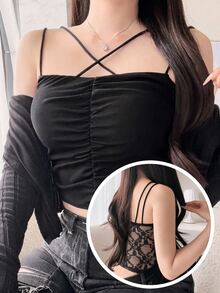 FRIFUL Women's Solid Color Pleated Casual Versatile Daily Wear Camisole Top Summer Top - Black - View 1