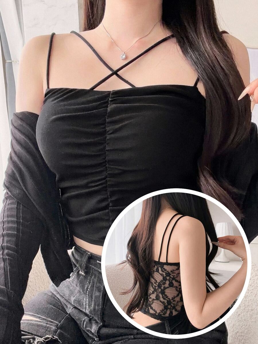 FRIFUL Women's Solid Color Pleated Casual Versatile Daily Wear Camisole Top Summer Top - Black - View 1