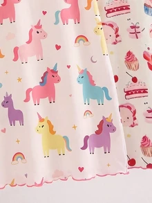 女童幼兒白色仙女家庭套裝睡衣 可愛短袖圓領夏季卡通動物圖案 滑順緞面感 生日嬰兒公主款 - 粉色 - 查看 5