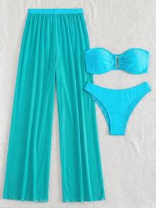 Costavie 3pcs Solid Color Bikini Set For Beach Vacation - Blue - View 4