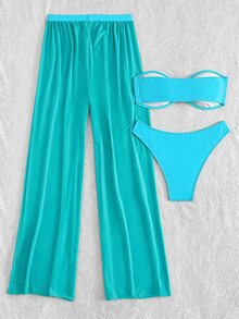 Costavie 3pcs Solid Color Bikini Set For Beach Vacation - Blue - View 2
