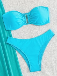 Costavie 3pcs Solid Color Bikini Set For Beach Vacation - Blue - View 3