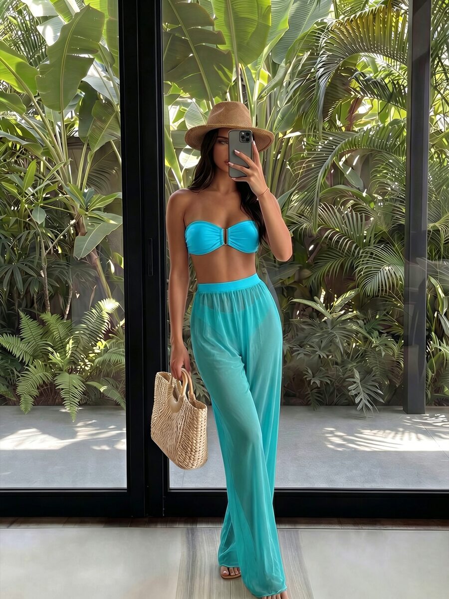 Costavie 3pcs Solid Color Bikini Set For Beach Vacation - Blue - View 1