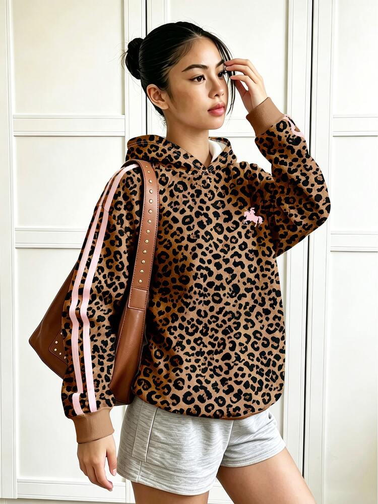 Tween Girl Leopard Print Hooded Sweatshirt, Suitable For Autumn/Winter, Personalized Print Top, Casual And Relaxed, And Stylish, Comfortable And Easy To Wear, Loose And Clean Fit, Daily Wear, Casual, Comfortable And Easy To Wear, Simple Basic Style, Daily Casual - Multicolor - View 1
