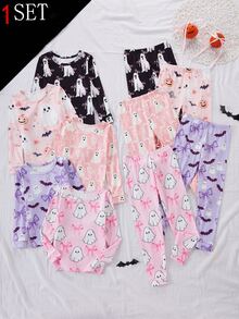 1 Set Girls' Tight Long Sleeve Pants Style 5-In-1 Black Print High Elasticity Skin-Friendly Soft Knit Fabric Halloween Birthday Autumn Snug Fit - Multicolor - View 3