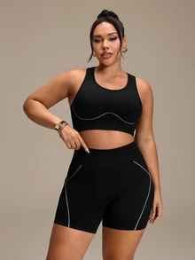 SHEIN Rhythm Era Women's Plus Size Striped Colorblock Tank Top And Fitted Shorts Sports Set - Black - View 3