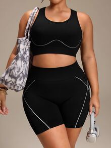 SHEIN Rhythm Era Women's Plus Size Striped Colorblock Tank Top And Fitted Shorts Sports Set - Black - View 7