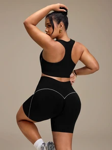SHEIN Rhythm Era Women's Plus Size Striped Colorblock Tank Top And Fitted Shorts Sports Set - Black - View 2