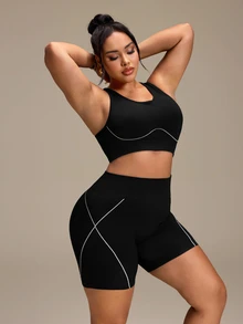 SHEIN Rhythm Era Women's Plus Size Striped Colorblock Tank Top And Fitted Shorts Sports Set - Black - View 5