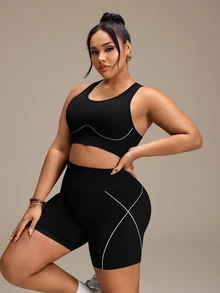 SHEIN Rhythm Era Women's Plus Size Striped Colorblock Tank Top And Fitted Shorts Sports Set - Black - View 4