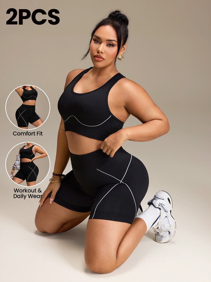 SHEIN Rhythm Era Women's Plus Size Striped Colorblock Tank Top And Fitted Shorts Sports Set - Black - View 1