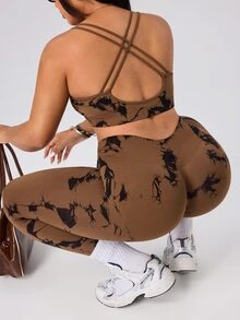 SHEIN Rhythm Era Seamless High Elasticity Tank Top & Leggings Plus Size Women's Sports Set - Brown - View 7