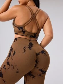 SHEIN Rhythm Era Seamless High Elasticity Tank Top & Leggings Plus Size Women's Sports Set - Brown - View 3