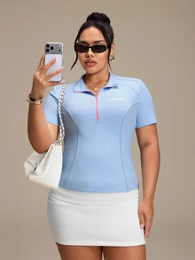 SHEIN Rhythm Era Casual Versatile Blue Zipper Split Line Design Slim Fit Flattering Thumb Hole Plus Size Sports Jacket - Blue - View 5