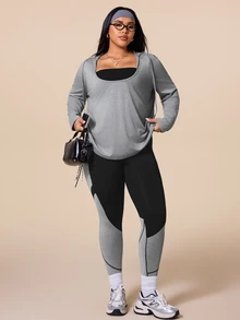 SHEIN Rhythm Era Plus Size Long Sleeve Hooded Top And Colorblock Leggings Sports Set Fall - Multicolor - View 6