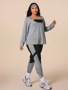 SHEIN Rhythm Era Plus Size Long Sleeve Hooded Top And Colorblock Leggings Sports Set Fall - Multicolor - View 4