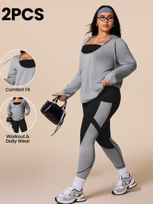 SHEIN Rhythm Era Plus Size Long Sleeve Hooded Top And Colorblock Leggings Sports Set Fall - Multicolor - View 1