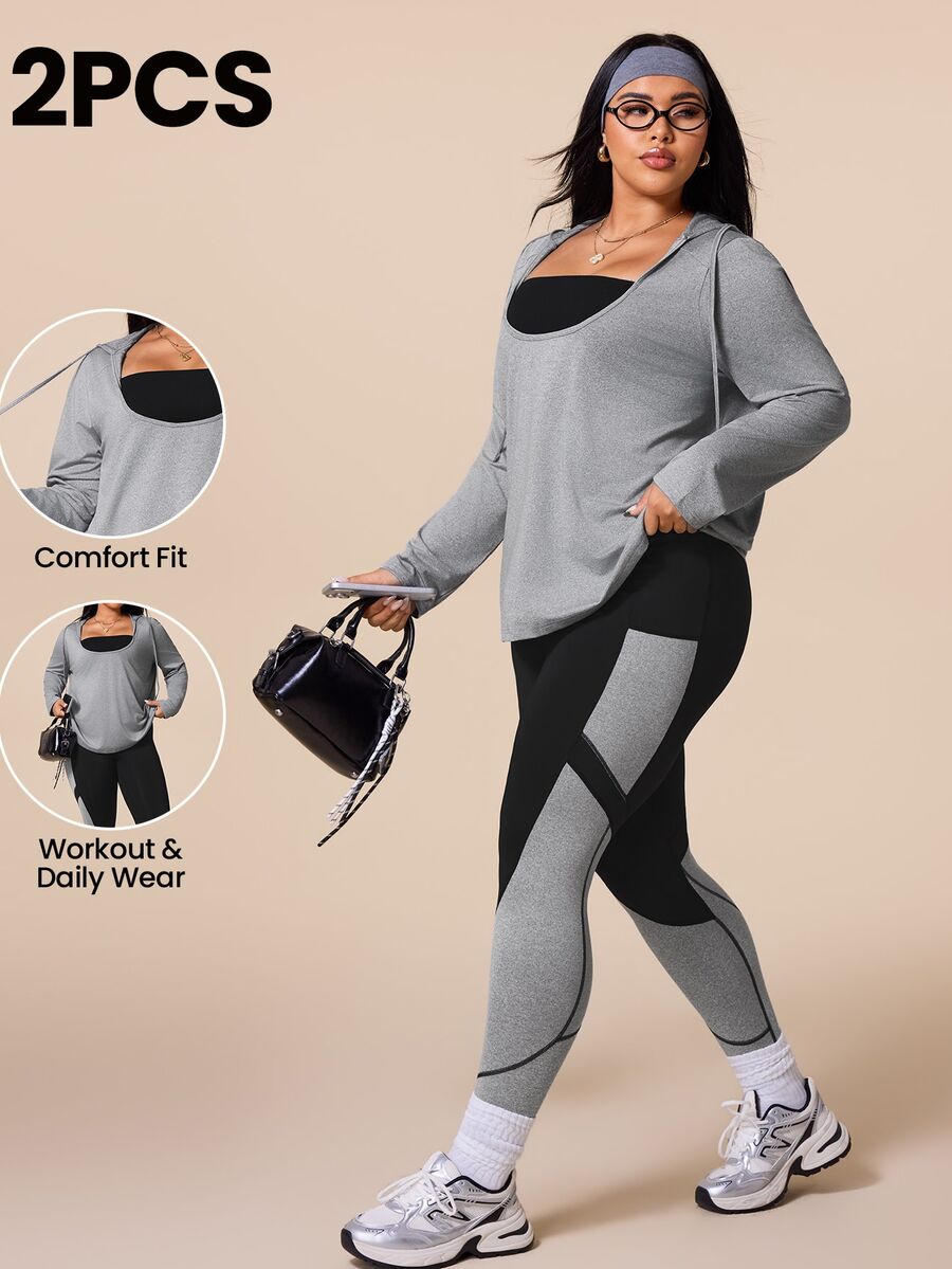 SHEIN Rhythm Era Plus Size Long Sleeve Hooded Top And Colorblock Leggings Sports Set Fall - Multicolor - View 1