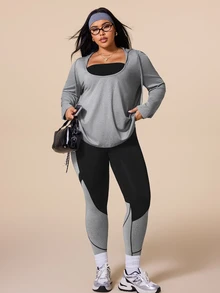 SHEIN Rhythm Era Plus Size Long Sleeve Hooded Top And Colorblock Leggings Sports Set Fall - Multicolor - View 7