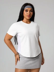 SHEIN Sports 大码女式纯色短袖运动T恤 - 白色 - 查看 5