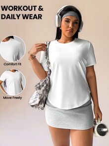 SHEIN Sports 大码女式纯色短袖运动T恤 - 白色 - 查看 1