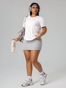 SHEIN Sports 大码女式纯色短袖运动T恤 - 白色 - 查看 7