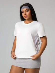 SHEIN Sports 大码女式纯色短袖运动T恤 - 白色 - 查看 4
