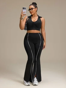 SHEIN Rhythm Era Plus Size Colorblock Trim Split Hem Athletic Pants - Black - View 5