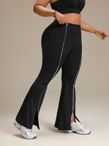 SHEIN Rhythm Era Plus Size Colorblock Trim Split Hem Athletic Pants - Black - View 4