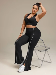 SHEIN Rhythm Era Plus Size Colorblock Trim Split Hem Athletic Pants - Black - View 7