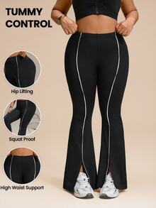 SHEIN Rhythm Era Plus Size Colorblock Trim Split Hem Athletic Pants - Black - View 1