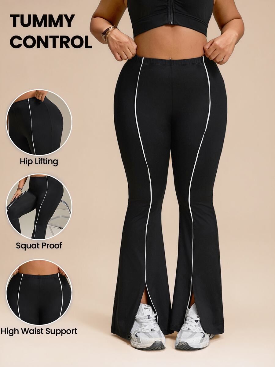 SHEIN Rhythm Era Plus Size Colorblock Trim Split Hem Athletic Pants - Black - View 1