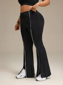 SHEIN Rhythm Era Plus Size Colorblock Trim Split Hem Athletic Pants - Black - View 3