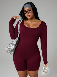 SHEIN Sports جمبسوت رياضية للنساء ذوات الحجم الكبير بتصميم خلفي مفتوح وشفاف - عنابي اللون - مشاهدة 2