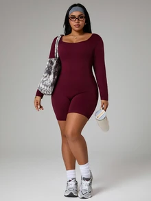 SHEIN Sports جمبسوت رياضية للنساء ذوات الحجم الكبير بتصميم خلفي مفتوح وشفاف - عنابي اللون - مشاهدة 5