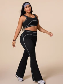SHEIN Rhythm Era Women's Plus Size 2-Piece Colorblock Sports Set, V-Neck Backless High-Impact Sports Bra And Comfortable Casual Leggings - Black - View 5