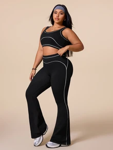SHEIN Rhythm Era Women's Plus Size 2-Piece Colorblock Sports Set, V-Neck Backless High-Impact Sports Bra And Comfortable Casual Leggings - Black - View 4