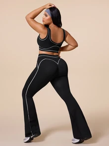 SHEIN Rhythm Era Women's Plus Size 2-Piece Colorblock Sports Set, V-Neck Backless High-Impact Sports Bra And Comfortable Casual Leggings - Black - View 2