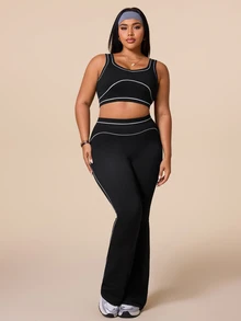 SHEIN Rhythm Era Women's Plus Size 2-Piece Colorblock Sports Set, V-Neck Backless High-Impact Sports Bra And Comfortable Casual Leggings - Black - View 3
